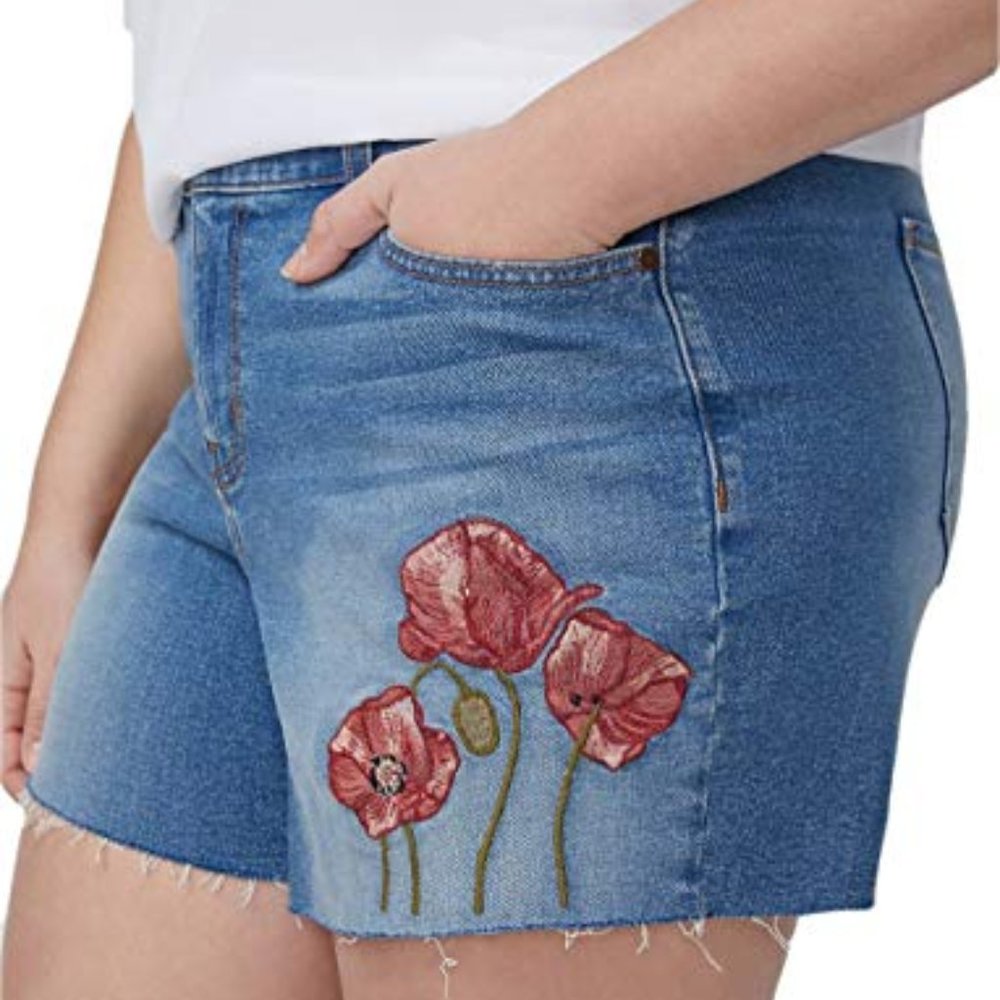 Lane Bryant Denim Shorts Floral Poppy Embroidered